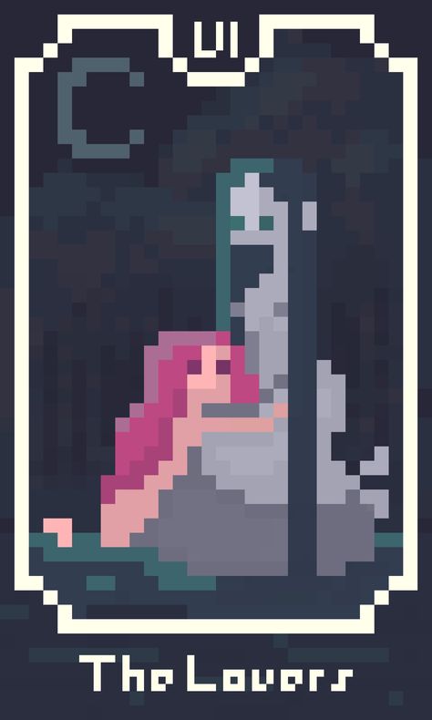 Tarot card : The lovers. It is a night scene and a thin moon is out. Low pixel image where a purple mermaid with water hair is sitting on a rock, a pink human girl is holding her, partially in the water. Deck Of Cards Pixel Art, Pixel Tarot Card, Tarot Cards Pixel Art, Tarot Pixel Art, Witch Pixel Art, Tarot The Lovers, Perler Projects, The Lovers Tarot Card, Indie Game Art