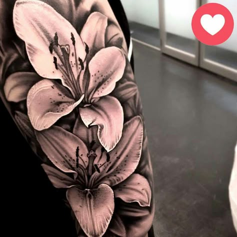 Lily Tattoo Sleeve, Lilly Tattoo Design, White Flower Tattoo, Lilly Flower Tattoo, Stargazer Lily Tattoo, Tiger Lily Tattoos, Black And White Flower Tattoo, Realistic Flower Tattoo, Floral Back Tattoos