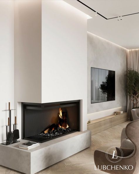 Chimney Modern Design, Corner Fireplace Shelves, Asymetrical Fireplace Tv Wall, Fire Places Ideas Living Room Rustic, Built In Shelves Next To Fireplace, Fireplace With Tv On Side, Classic Fireplace Ideas, L Shaped Fireplace, Living Room With Fireplace And Tv Layout