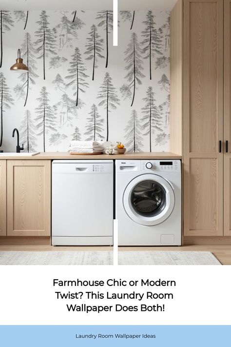 Modern farmhouse laundry room with shiplap wallpaper and black accents Unique Wallpaper Ideas, Laundry Room Wallpaper Ideas, Room Wallpaper Ideas, Utility Space, Laundry Room Wallpaper, Inspired Wallpaper, Farmhouse Aesthetic, Small Laundry Room, Small Laundry