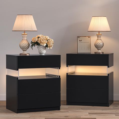 PRICES MAY VARY. 【STYLISH DESIGN】: This LED Nightstand set of 2 with acrylic board and LED light has an acrylic panel and LED light design, which not only brings more light to your room but also adds a modern and elegant feeling to your room 【SPACIOUS STORAGE】: The 3 drawers of the LED nightstand offer large storage space for nighttime necessities. The wood top is ideal to place alarm clock, phone, charger, eyeglasses, keeping them in your reach. 【LED NIGHTSTANDS】-The set 2 bedside nightstand co All Black Bedroom, Tall Nightstand, Black Room Decor, Led Bedside Table, Drawers For Bedroom, Tall Nightstands, Glam Bedroom Decor, Black Bedroom Decor, Bedside Table Set