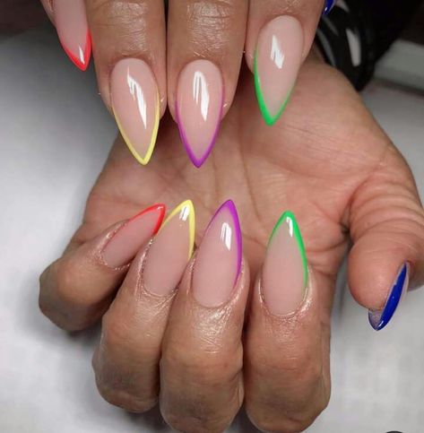 Almond Nails Designs Summer Black Women, Almond Nails With Colored French Tip, Bright Color French Tip Nails Almond, Spring Nail Inspo Stiletto, Almond Nails Different Colors, Neon French Almond Nails, Colorful French Tip Almond Nails, Nail Designs Tips Only, Trendy Spring Nails 2024 Almond