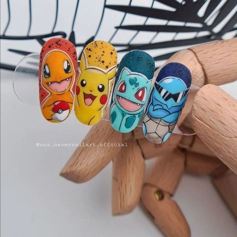 Charmander Nail Art, Pokemon Nail Art Designs, Video Game Nail Designs, Charmander Nails, Cartoon Nails Disney, Cartoon Nail Art Designs, Easy Easter Nails, Pokemon Nail Art, Pikachu Nails