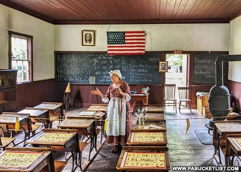 A historical reenactor playing the role of a school teacher in a one room schoolhouse at Old Bedford Village. One Room Schoolhouse, Old Schoolhouse, Western Pennsylvania, Old School House, Living History Museum, Colonial America, School House, Living History, History Museum