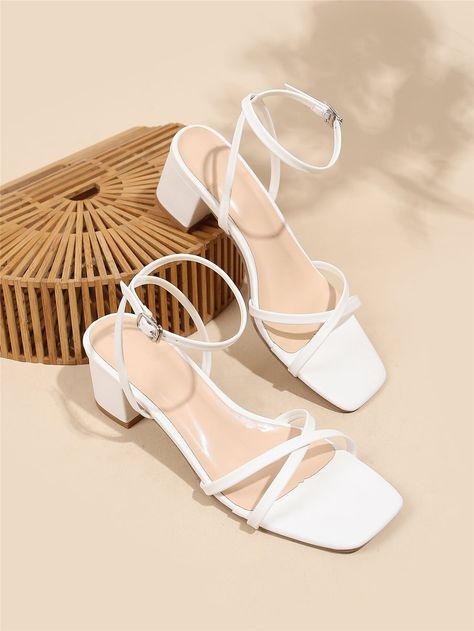 White Elegant    Plain Ankle Strap Embellished   Women Shoes White Heels Small Heel, White Small Heel Sandals, White Small Heels, Small White Heels, Short Heels For Prom, Short White Heels, White T-strap Sandals With Heel Strap For Summer, White Low Heels, White Ankle Strap T-strap Sandals For Party