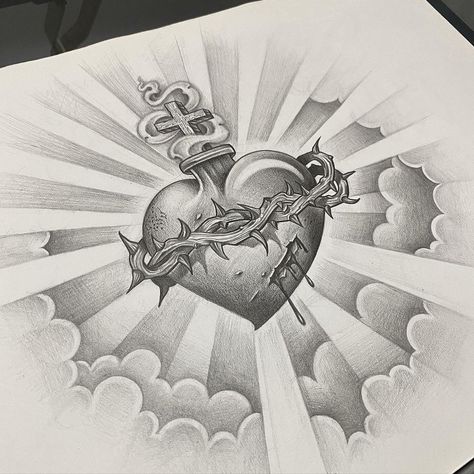 SACRED HEART ✍🏽 Appointments 📩juniorbanda87@gmail.com 📌 CHICANO STYLE @mexicanstyle_art #sullenclothing #mexicanstyle_art #sacredheart… Chest Tattoo Sketches, Sacred Heart Tattoo, Cloud Tattoo Design, Sacred Heart Art, Sacred Heart Tattoos, Heaven Tattoos, Half Sleeve Tattoos Drawings, Heart Tattoos, Chicano Art Tattoos