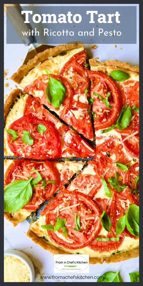 This Tomato Tart with Ricotta and Pesto is a savory and delicious way to enjoy those tantalizing summer tomatoes and fresh basil. Make this elegant recipe the centerpiece at your next brunch or luncheon for a dish that’s sure to impress! Pesto Tart, Tomato And Ricotta, Recipe With Ricotta, Ricotta Tart, Tomato Tart Recipe, Shortcrust Pastry Recipes, Tomato Tart, Tomato Pie, Chef's Kitchen