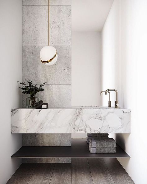 STUDIO BLACK INTERIORS on Instagram: “Simple but significant. Beautiful powder room details.⁣ ⁣ Architecture and interior design by @cerastribleyarchitects  Developer…” Bad Inspiration, Dekorasi Kamar Tidur, Marble Bathroom, Modern Bathroom Design, Design Living, Bathroom Vanity Lighting, Luxury Bathroom, Bathroom Inspiration, 인테리어 디자인