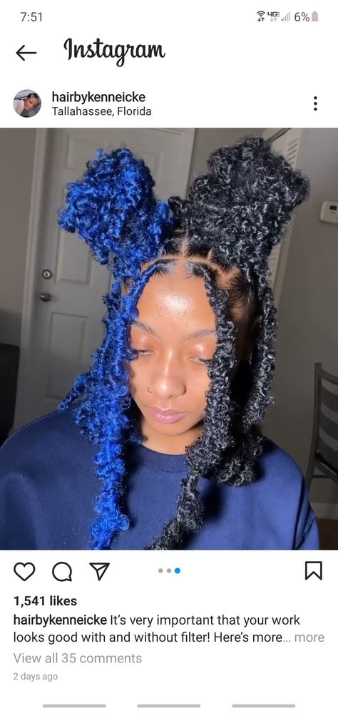 Butterfly Locs Half And Half Color, Half And Half Butterfly Locs, Blue And Black Butterfly Locs, Blue Faux Locs Black Women, Blue Protective Hairstyles, Butterfly Locs Blue, Blue Braided Hairstyles, Butter Locs, Blue Soft Locs