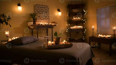 Massage room illuminated with candles. Generative AI Dark Massage Room, Massage Room Decor, Spa Room Decor, Room Decor Dark, Spa Room, Massage Room, Logo Banners, Marketing Design, Camping Car