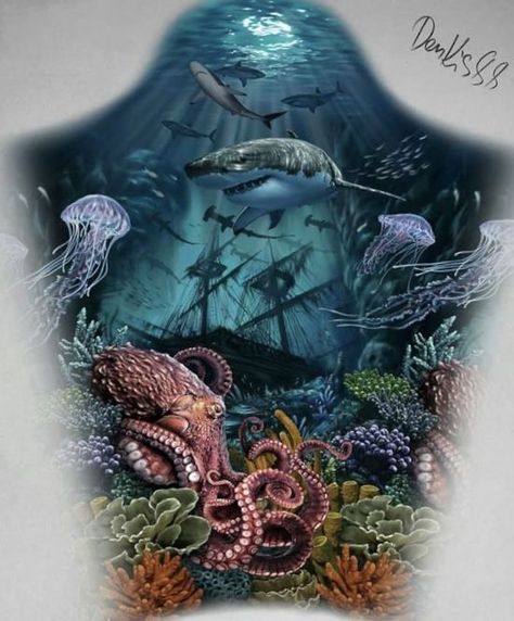 Full Body Ocean Tattoo, Kraken And Shark Tattoo, Ocean Stomach Tattoos, Realistic Underwater Tattoos, Undersea Tattoo Sleeve, Underwater Themed Tattoos, Ocean Background Tattoo, Sea Life Tattoos Men, Underwater Tattoo Ocean Life