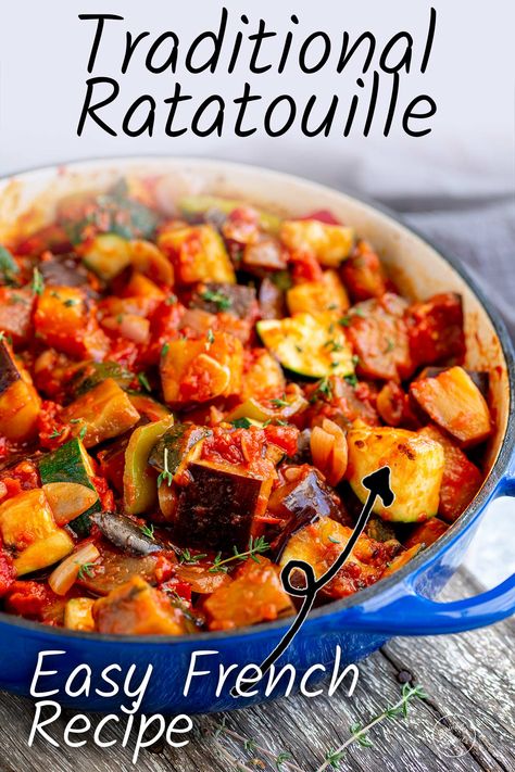 This Easy French Ratatouille is a rich and delicious vegetarian dish full of flavors and is perfect for serving as a main or a side. Making ratatouille is not as difficult as it may seem. This classic French dish is easy to make and is a great way to use up some of those summer vegetables. Plus, the recipe is so flexible! You can adapt it depending on the availability of ingredients or to suit your family's tastes. A simple dish perfect for late summer! Grilled Ratatouille Recipe, Dinner Ideas French, Simple Ratatouille Recipe, Authentic Ratatouille Recipe, Vegetable Heavy Recipes, Vegetarian Main Dishes Dinners, Slimpod Recipes, Ratatouille Gnocchi, French Vegetable Recipes