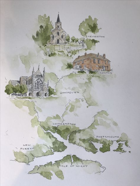 Map of Jane Austen's Hampshire - custom watercolour commission www.thesuburbanartist.co.uk Jane Austen Map, Watercolour Map Illustration, Jane Austen Watercolor, Watercolor Map Wedding, Wedding Map Illustration, Map Art Illustration, Watercolour Map, Painted Map, Watercolor Wedding Map