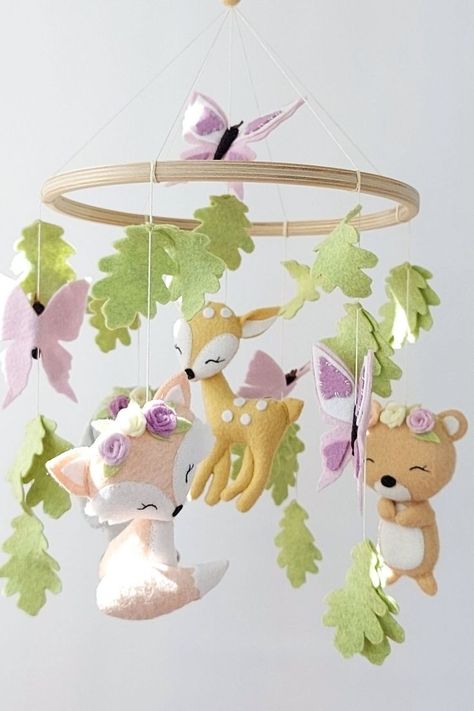 Fox Nursery Girl, Fox Themed Nursery, Woodland Baby Room, Crib Mobile Girl, Woodland Baby Nursery, Girl Woodland Baby Shower, Woodland Baby Girl, Woodland Theme Baby, Woodland Nursery Girl