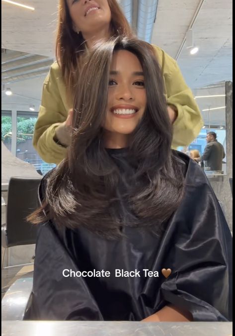 Dae Haircare Aesthetic, Chocolate Black Tea Hair Color, Dae Haircare, Tea Hair Color, Haircare Aesthetic, Brown Hair Inspiration, Hair Goal, Straight Hair Cuts, Hair Flow