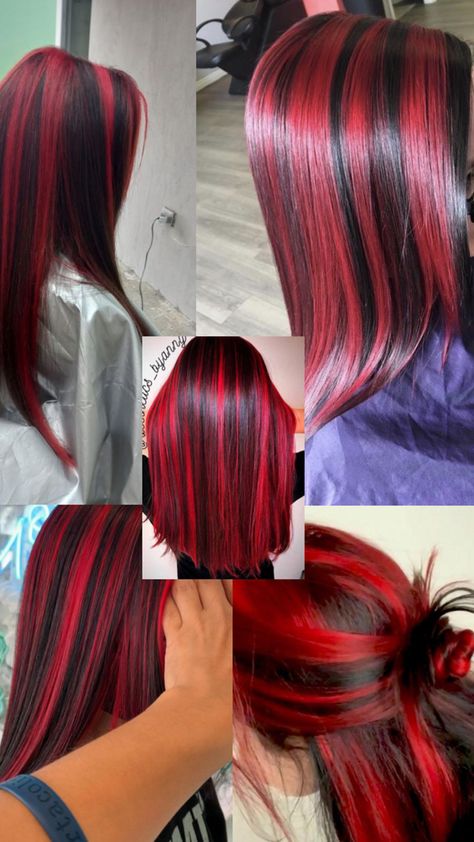 Red Hair With Blue Highlights, Purple Skunk Hair, Red Skunk Hair, Black Hair Red Tips, Halo Hair Color, Red Halo Hair, Red Hair Streaks, Black And Red Hair, Shortish Hair