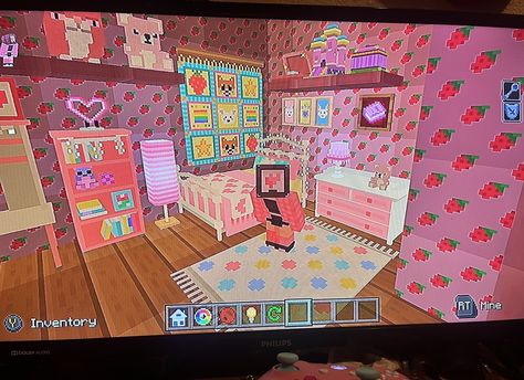 #minecraft #kawaii #pink #cutecore Cute Minecraft Bedrooms, Minecraft Kawaii, Minecraft Tv, Craft Bedroom, Pink Cutecore, Cutecore Pink, Minecraft Baby, Diy Kandi Bracelets, Kawaii Games