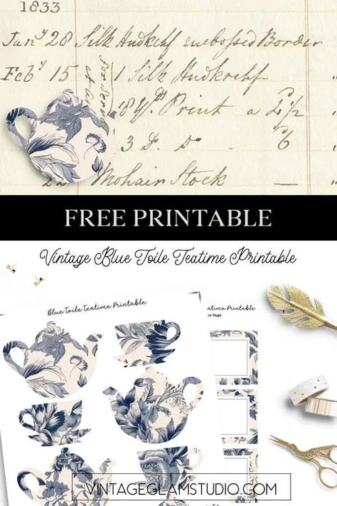 Free Blue Toile Teatime Printables - Blue Ephemera Free Printables, Ephemera Printables, Tea Party Crafts, Shabby Chic Tea Party, Glam Studio, Shabby Chic Tea, Blue Toile, Party Projects, Blue Cups