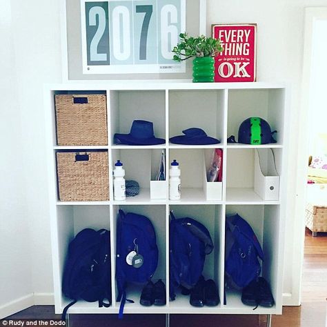 School HQ: The modified Ikea shelves house school bags, shoes, hats, water bottles, notes and library books School Station, Bag Storage Ideas, Kid Storage, School Bag Storage, Organised Mum, Cool School Bags, School Organisation, Home Command Center, School Storage