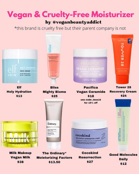 CRUELTY-FREE & VEGAN MOISTURIZER 🐇🌱 I asked what you would like to see and I got a lot of requests for more skincare and moisturizers!! These are some of my personal favorites and a few that I know a lot of people love! What are your favs? #veganskincare #crueltyfreeskincare #elfcosmetics #skincare #drugstoreskincare #sephora #crueltyfree #veganbeautyreview #vegansofig #tower28 #pacificabeauty #ulta #veganbeautyaddict #cocokind #veganmakeupshare #crueltyfreemakeup Cruelty Free Skincare, Vegan Vegan And Cruelty Free Skin Care, Cruelty Free Products, Cruelty Free Skincare, Vegan Skincare Products, Cocokind Skincare, Cruelty Free Skin Care Routine, Vegan Skincare Routine, Korean 10 Step Skin Care, Dry Brushing Skin