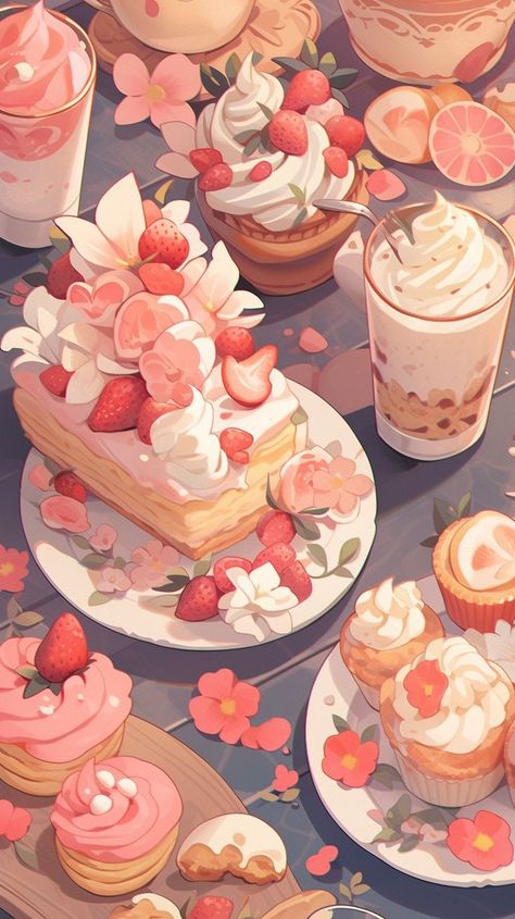 Desserts Wallpaper Backgrounds, Anime Food Desserts, Cute Bakery Wallpaper, Dessert Art Illustration, Cute Food Art Wallpaper, Anime Sweets Food, Dessert Aesthetic Wallpaper, Cake Background Design, Food And Drink Wallpaper