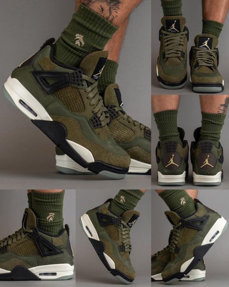 Jordan 4 Olive Green Outfit, Jordan 4 Olive Green, Jordan Verde, Jordan 4 Outfit Men, Olive Green Sneakers, Jordan 4 Outfit, Olive Green Outfit, Green Jordans, 15 Birthday