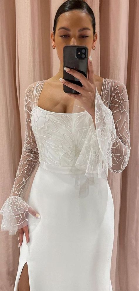 aa169b49b583a2b5af89203c2b78c67cdesc53225510ri Simple Engagement Dress, Square Neck Wedding Dress, Wedding Dress Topper, Dress Topper, Long Wedding Dress, Snow Wedding, Alexandra Grecco, Dream Wedding Ideas Dresses, Engagement Dresses