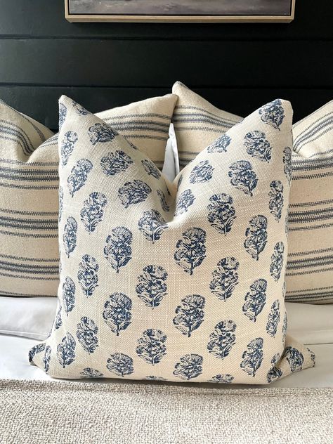 Modern Farmhouse Pillow, Beautiful Modern Farmhouse, Blue And White Pillows, Blue Couches, Farmhouse Fabric, Blue Cottage, Farmhouse Pillow, Blue Pillow Covers, Farmhouse Pillows