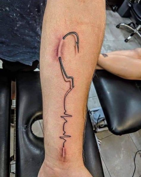 Fishing Tattoo Ideas, F For Fish, Fishing Decor Ideas, Bass Fishing Tattoo, Fishing Bathroom, Fly Fishing Tattoo, Hook Tattoo, Fishing Tattoos, Fishing Hook Tattoo