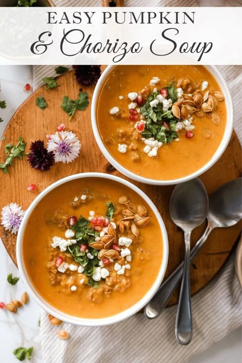 This Chorizo and Pumpkin Soup is a delicious bite full of seasonal goodness. The combination of pumpkin and chorizo is magical! It is the perfect fall soup. To find this Chorizo and Pumpkin Soup recipe visit Sugar Maple Farmhouse. Chorizo Pumpkin Chili, Mexican Pumpkin Soup, Butternut Squash Soup With Chorizo, Soup Chorizo, Chorizo Pumpkin Soup, Pumpkin Chorizo Soup Zupas, Pumpkin And Chorizo Soup, Pumpkin Chorizo, Zupas Pumpkin Chorizo Soup Recipe