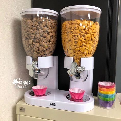 Pencil Dispenser, Snack Dispenser, Paint Sample Cards, Classroom Snacks, Crayon Organization, Snack Cart, Snack Station, Snack Hacks, Classroom Hacks