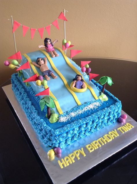 Water park cake Waterpark Birthday Cake, Water Park Cake, Water Party Cake, Waterpark Cake, Waterslide Cake, Water Park Birthday Party, Waterslide Party, Butterbeans Cafe, Happy Birthday Marines