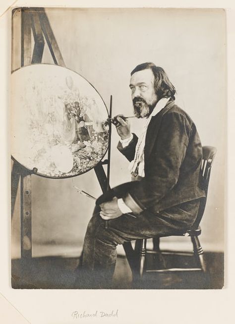 Henry Hering, Richard Dadd at his easel, 1857Dadd at work. He is best-known for his work that depicts fairies and other fantastical creatures. His most famous painting is The Fairy Feller’s Master-Stroke, which has inspired the likes of Queen and Terry Pratchett Richard Dadd, Claudio Bravo, Mind Art, Haunting Photos, Insane Asylum, Fairy Paintings, Psychiatric Hospital, Most Famous Paintings, Detailed Paintings