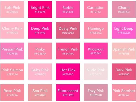 Shades Of Pink Names, Pink Color Chart, Pink Color Code, Code Dress, Flamingo Lights, Jason Miller, Pink Names, Pink Palette, Hot Pink Color