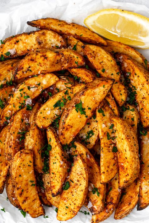 Air Fried Potato Wedges with Garlic Aioli | Liv Gluten-Free Air Fried Potato Wedges, Fried Potato Wedges, Air Fry Potatoes, Crispy Potato Wedges, Fried Potato, Garlic Aioli, Potato Wedges, Potato Dishes, Fried Potatoes