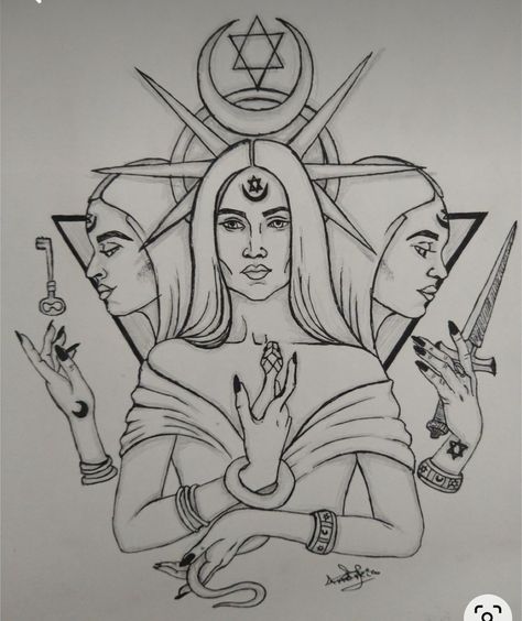 3 Witches Drawing, Hekate Drawing Easy, Hecate Goddess Drawing, Goddess Body Drawing, Hekate Drawing, Hecate Tattoo Ideas, Wicca Art Drawing, Witchy Tattoo Ideas Witchcraft, Goddesses Drawing