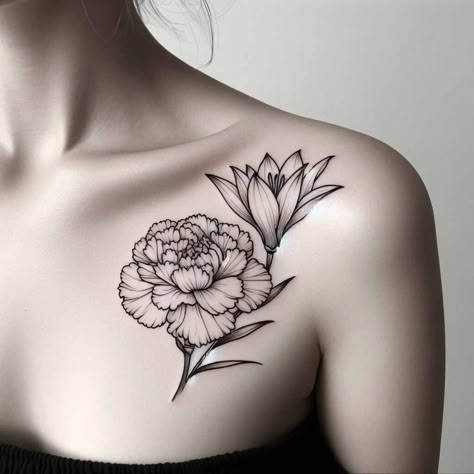 Marigold And Water Lily Tattoo, Water Lily And Carnation Tattoo, Carnation Sleeve Tattoo, Carnation Flower Tattoo Black And White, Carnation Butterfly Tattoo, Carnation And Water Lily Tattoo, January And July Birth Flower Tattoo, January Birth Flower Tattoo Ideas, Carnations Tattoo