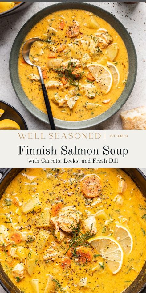 Creamy Finnish Salmon Soup with Dill (Lohikeitto) Finnish Salmon Soup (lohikeitto), Lohikeitto - Finnish Salmon Soup, Soup With Creme Fraiche, Finnish Soup Recipe, Finish Salmon Soup, Salmon Soup Finnish, Finnish Salmon Soup Recipe, Nordic Soup Recipe, Soup With Salmon