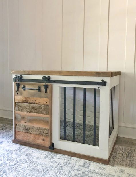 LOVE my new fur baby's crate!  I built this for my new little guy and love it so much.  You can find the free plans and tutorial as well as links to all the hardware on our site! Free Furniture Plans, Diy Dog Crate, Wooden Dog Kennels, Diy Dog Kennel, Modern Farmhouse Diy, Wood Furniture Plans, Build Furniture, Shanty 2 Chic, Dog Crate Furniture