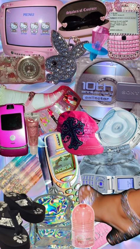 Y2k Gifts Ideas, 2000 Moodboard, 2000s Aesthetic Icons, 2000s Background Aesthetic, Early 2000s Background, 00s Vibes Aesthetic, 2000s Party Aesthetic, Y2k Aesthetic Art, Early 00s Aesthetic