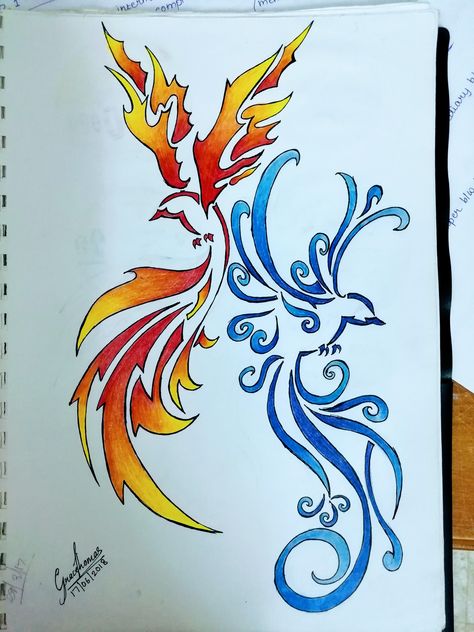 Fire and Ice birds Fire Wings Drawing, Fire Ink Drawing, Fire And Ice Drawing, Fire And Ice Tattoo, Ice Tattoo, Ice Drawing, Phoenix Drawing, Play Poster, Fire Drawing