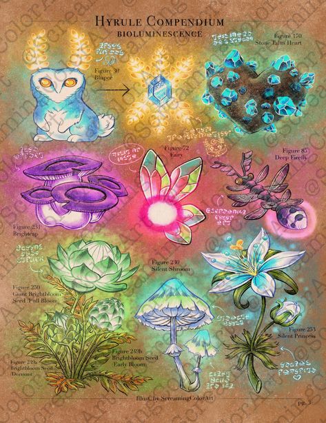 Botanical-style illustration of various luminescent items from Legend of Zelda: Tears of the Kingdom. Letter size or 11x17 print on matte photo paper. Actual print is unwatermarked/has anti-theft text removed. NOTE: This design is a companion piece to my first Hyrule Compendium page, which gets stolen and resold more than any of my other art. If you see it listed for sale anywhere else, including on clothing, please do not support the seller and kindly report the listing. Thank you! Breath Of The Wild Illustration, Hyrule Botanical, Bokoblin Breath Of The Wild, Legend Of Zelda Tears Of The Kingdom Art, Legend Of Zelda Room Decor, Tears Of The Kingdom Tattoo, Legend Of Zelda Tears Of The Kingdom, Diy Zelda Crafts, Hyrule Compendium