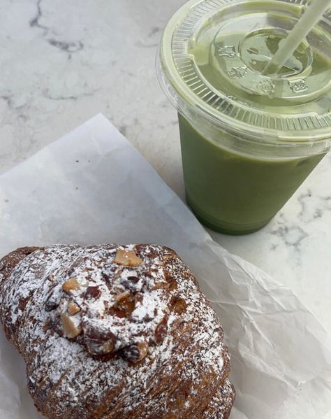 #matcha #croissants #cafe Matcha And Croissant, Matcha Roll Cake Aesthetic, Coffee And Croissants Aesthetic, Aesthetic Croissant Picture, Croissants And Coffee Aesthetic, Matcha Cafe, Chocolate Croissant, Camera Roll, Matcha