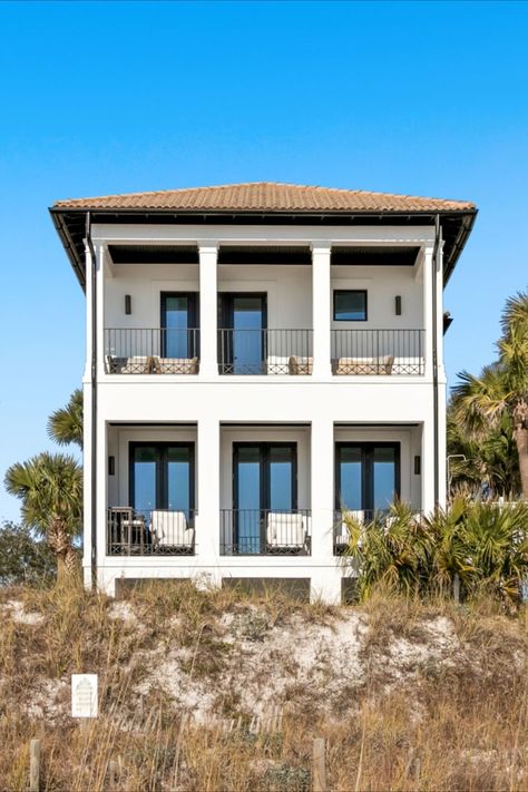 White 3 story beach house with blue sky and sandy beach below. Luxury Beach Vacation, Seacrest Beach, Next Luxury, Beach House Rental, Rosemary Beach, Luxury Rentals, Beach Rentals, Good House, Tiny House Plans