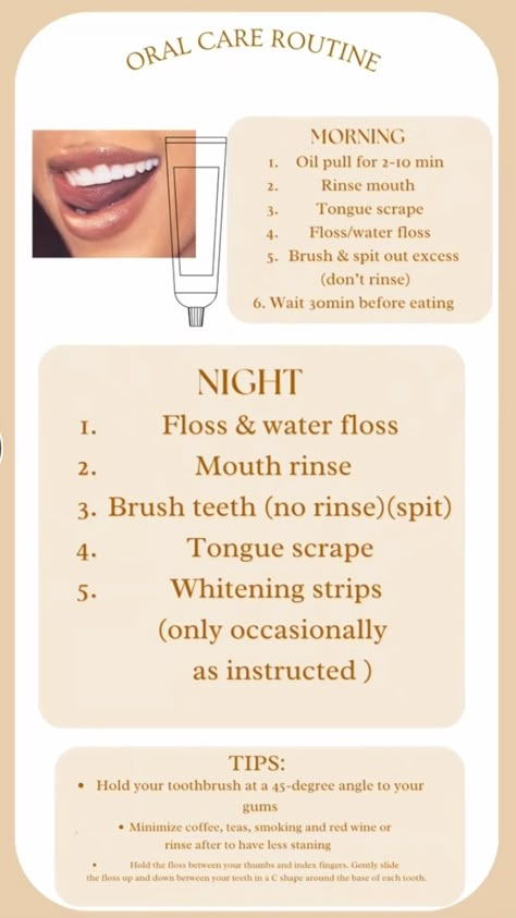 Oral care routine Tips and Tricks scedual and shopping list! Including morning teeth care and night teeth care Night Teeth, Mouth Care, Mouth Rinse, Health And Hygiene, Teeth Health, Body Hygiene, Hygiene Tips, Hygiene Care, Feminine Health