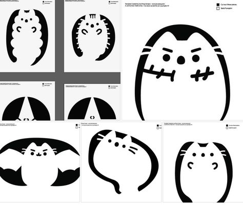 FREE PUSHEEN PUMPKIN CARVING TEMPLATES! I love Pusheen just like everyone else. :3 Here are some free pumpkin carving templates with a few new ones added! Check out my Youtube video for live examples. The PDF with resizeable vector templates is in the video's description box! Happy October and have fun! Opossum Pumpkin Carving, Pusheen Pumpkin Carving Stencil, Squishmallow Pumpkin Carving, Pusheen Pumpkin Carving, Kawaii Pumpkin Carving, Pusheen Pumpkin, Pusheen Pfp, Ghost Pumpkin Carving, Pumpkin Carving Printables