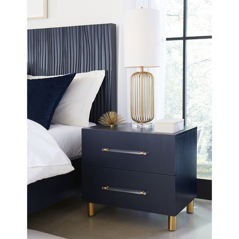 Argento Two Drawer USB Charging Nightstand in Navy Blue and Burnished Brass - Bed Bath & Beyond - 37166350 Navy Bedside Table Night Stands, Bedroom With Navy Nightstands, Navy Grey And Gold Bedroom, Navy Bedside Table, Navy Nightstand Bedroom, Blue Interior Bedroom, First Apartment Bedroom Ideas, Navy Gold Bedroom, Blue Bedroom Design Ideas