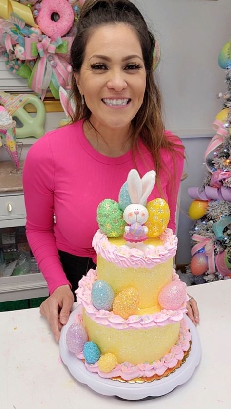 Let me show you how to create an extremely easy and fast Fake Whimsical Easter Cake for your Spring decor! | Let me show you how to create an extremely easy and fast Fake Whimsical Easter Cake for your Spring decor! Supplies ~8x4 & 6x4 Cake Dummy ~Lightweight... | By Glittz and Glue | Facebook | Hey guys grab your Spackle and come join me in today's quick tutorial I'm going to show you how to make the easiest and prettiest Easter fake cake you don't need a lot of supplies so you probably have Fake Easter Cake, Easter Cake Designs, Cake Dummy, Three Tier Tray, Bake Ideas, Fake Cakes, Cupcake Decorating Tips, Fake Bakes, Tier Trays