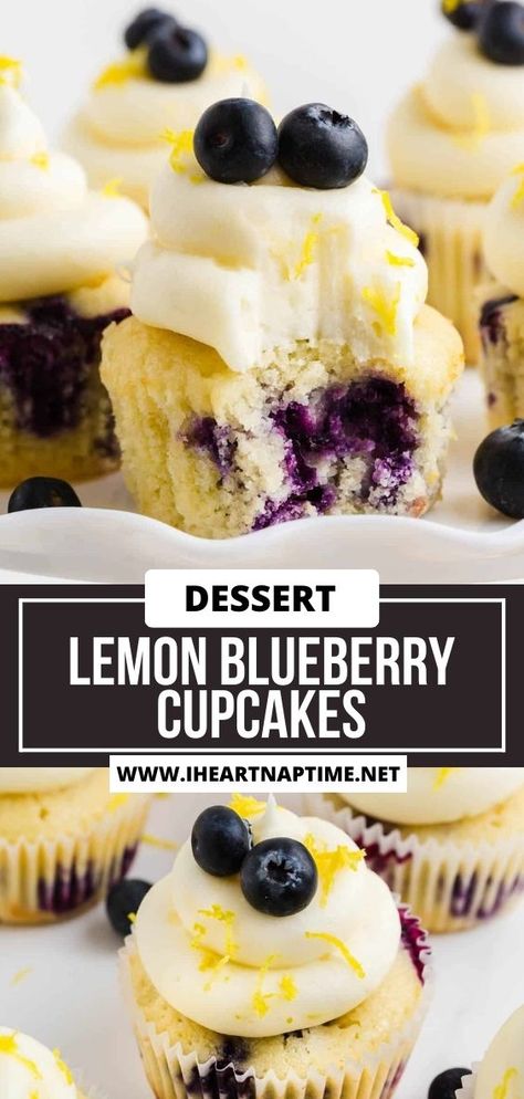 These lemon blueberry cupcakes are made with tender lemon cupcakes, juicy blueberries and topped with an easy lemon cream cheese frosting. They are the perfect spring or summer dessert! Lemon Blueberry Cupcakes With Cream Cheese Frosting, Lemon Blueberry Cupcake Recipe, Lemon Blueberry Cheesecake Muffins, Easy Bridal Shower Cupcakes, Blueberry And Lemon Cupcakes, Blueberry Vanilla Cupcakes, Lemon Blueberry Frosting, Blueberry Cream Cheese Cupcakes, Things To Make With Fresh Blueberries