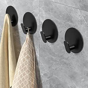 EAGMAK Towel Hooks for Bathroom, 4 Pack Adhesive Hooks, SUS304 Stainless Steel Shower Hooks, Round Wall Hook Holder for Hanging Robe, Loofah, Coat, Clothes, Hat, Key in Washroom Kitchen Hotel (Black) Towel Hooks For Bathroom, Key Kitchen, Hooks For Towels, Hooks For Bathroom, Metal Wall Hooks, Kitchen Hooks, Adhesive Hooks, Adhesive Wall Hooks, Bathroom Gadgets